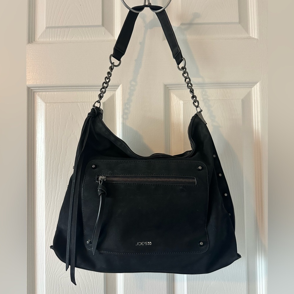 Joes Jeans Emerson Black Faux Suede Shoulder Handbag Gun Metal Hardware